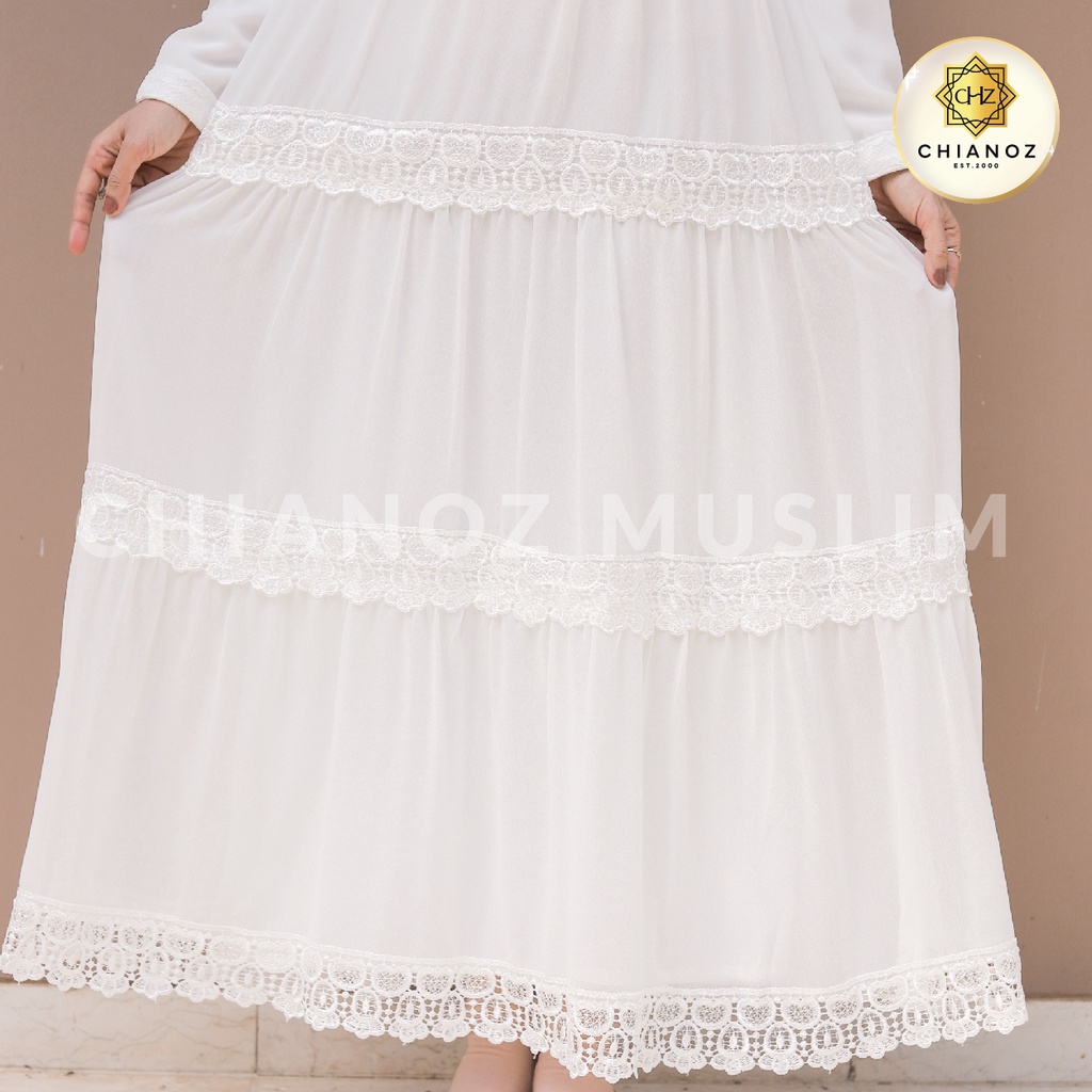 CHIANOZ Gamis Putih Mewah Amelia Dress Brukat Renda Baju Lebaran Umroh Haji Manasik Pesta Akad 220 504