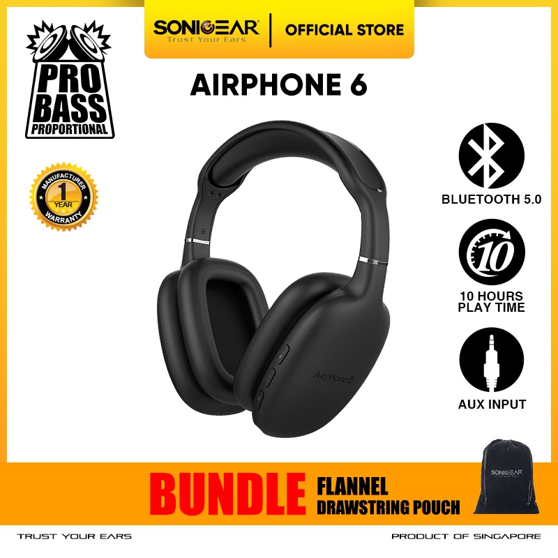 Headset Bluetooth Headphone Wireless SonicGear AirPhone 6 with Mic | Up to 10 Hours PlayTime Bundle 