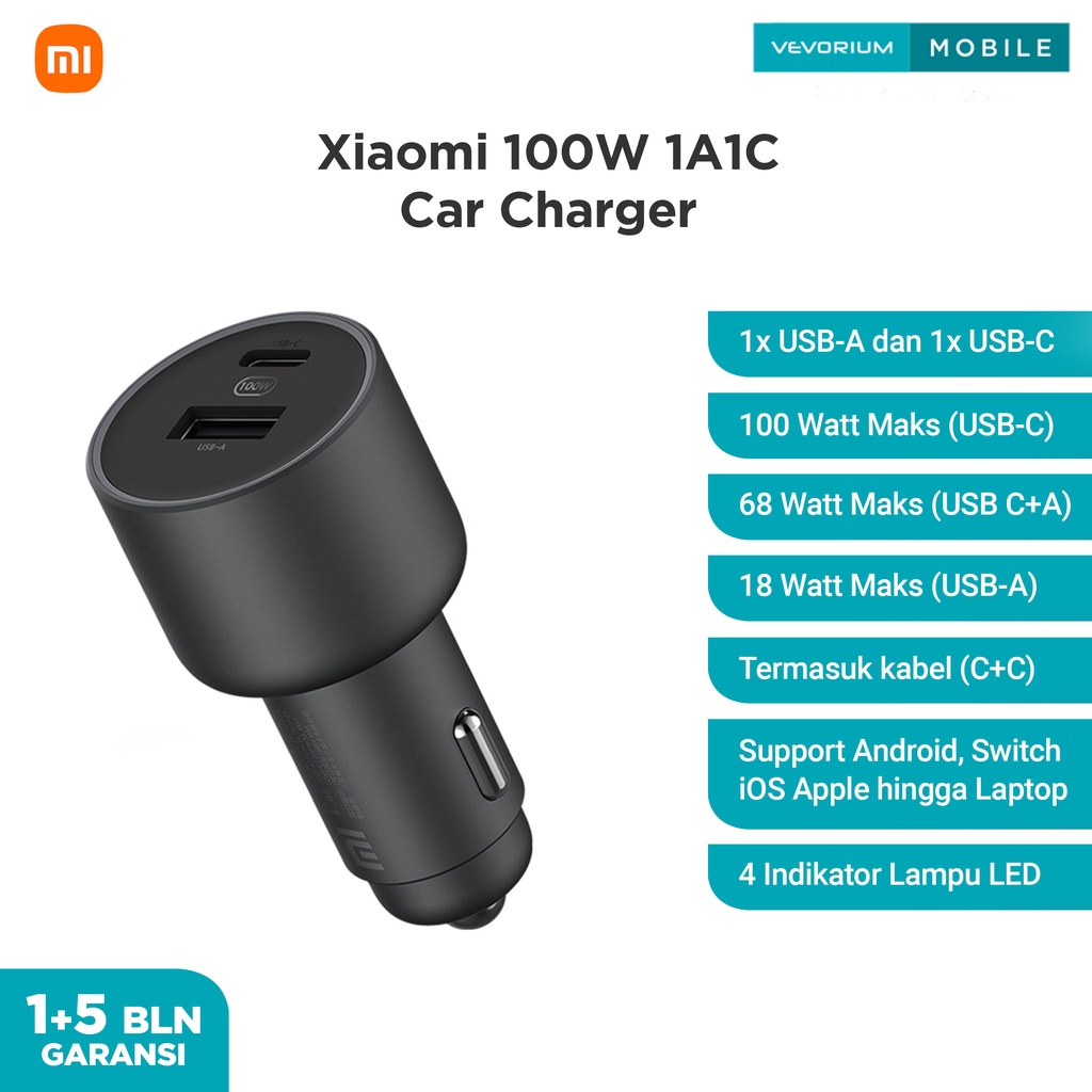 Xiaomi 1A1C USB Car Charger 100W Turbo Fast Charge 100 Watt Mobil - 100W 1A1C