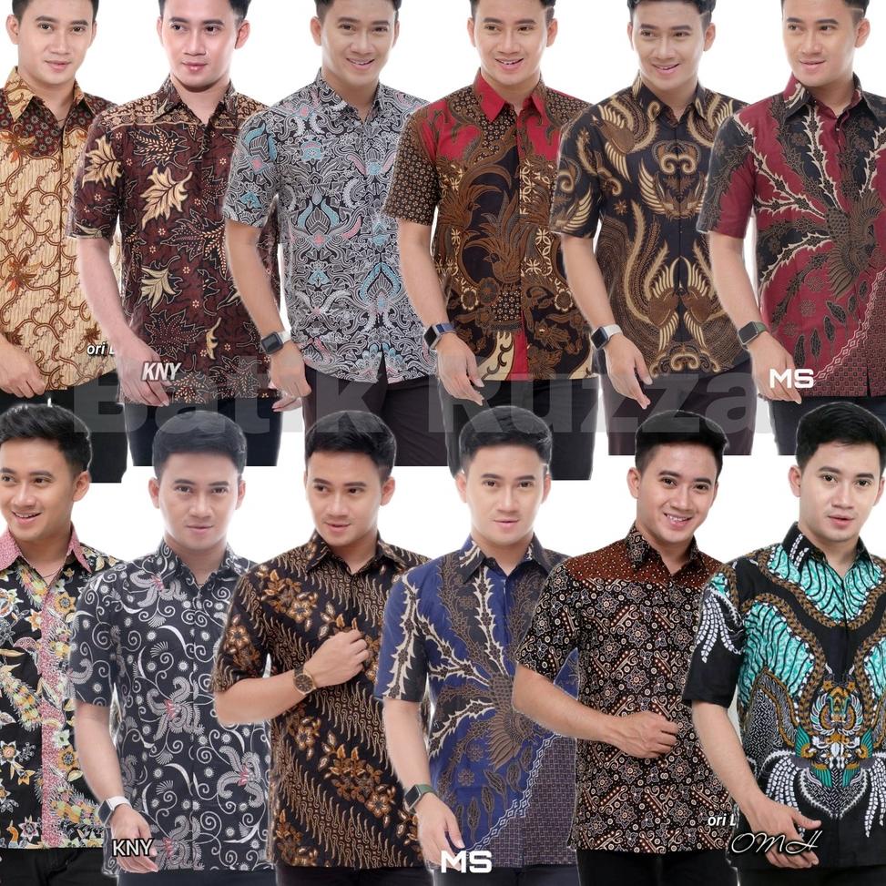 LANGSUNG KIRIM RUZZA Batik Pria Lengan Pendek Kemeja Motif Sogan Ulir Baju Atasan Cowok Dewasa Size 