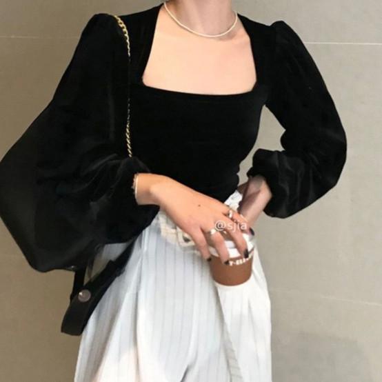 MURAH MERIAH Blus beludru beludru hitam leher persegi leher persegi wanita korean style Loose atasan
