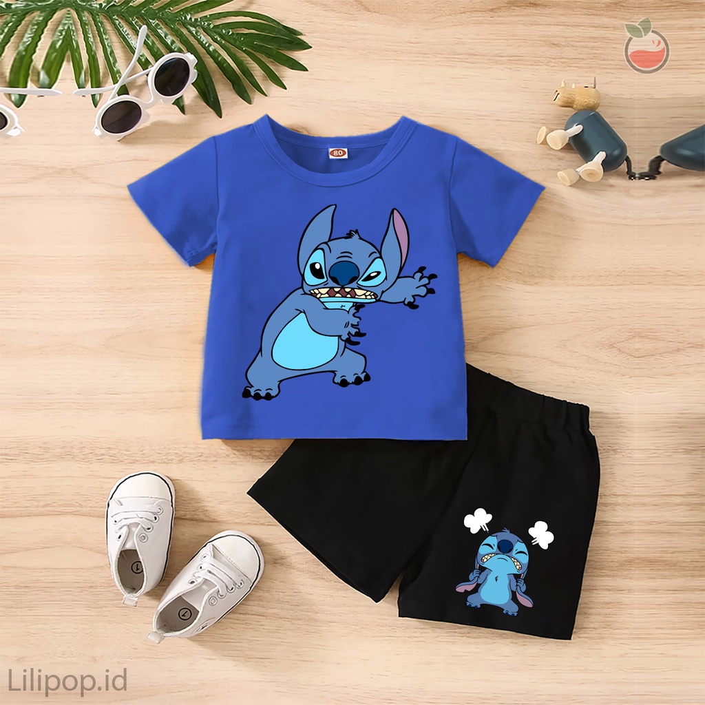 Baju Anak Stelan Kaos 3/4  LILO STITCH Cowok Cewek  Usia 1 - 4 Tahun Celana Pendek Harian