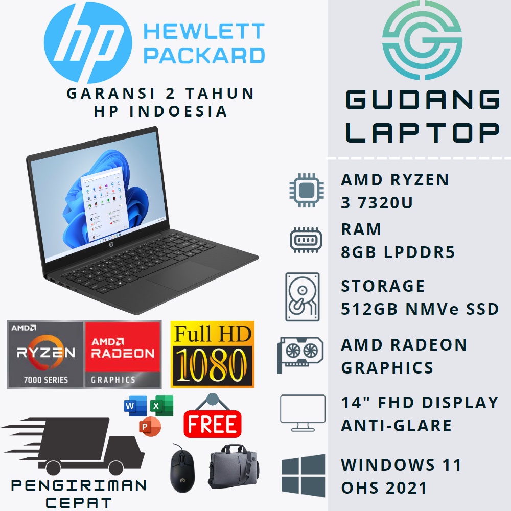 LAPTOP HP 14S EM0032AU RYZEN 3 7320U RAM 8GB SSD 512GB RADEON WINDOWS 11