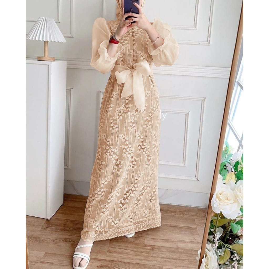 DRESS LUIS FULL BRUKAT MALIKA KOMBI ORGANZA / DRESS LUIS FULL BRUKAT DEPAN BELAKANG MODEL TERBARU / 