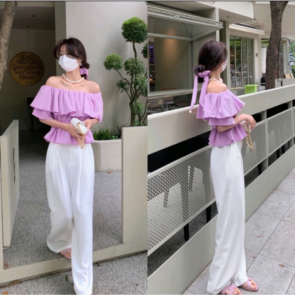 Atasan Sabrina Wanita Off Shoulder Lengan Pendek Bahan Adem Free Bando 934