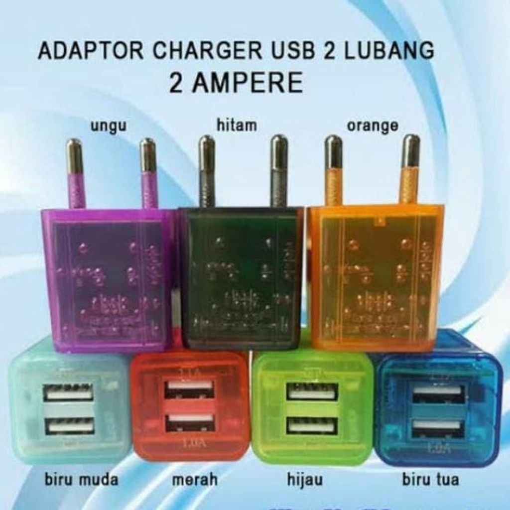 Adaptor 2 USB 1A 2.1A LED Transparan Warna Warni Charger Batok 2 Lubang Kepala Charger Head 2in1 2 Output Adapter