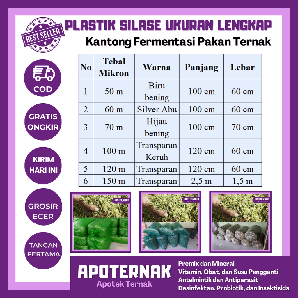 PLASTIK SILASE FERMENTASI uk100x70cm tebal 50, 60, 70, 100, 120 mikron | Plastik Ikan Plastik Silase Plastik Fermentasi Plastik Silase Pakan Ternak | Apoternak