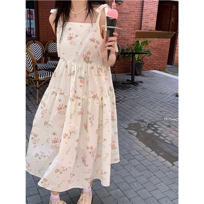 Red Angin sepoi-sepoi dan rok bermotif bunga manis pinggang wanita rok suspender ramping desain musim panas masuk akal gaun mid-length ceruk