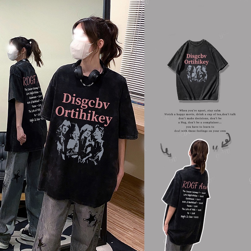 T shirt Hitam Washed Baju Wanita Kaos Lengan Pendek Korean Style Graphic Tee 003