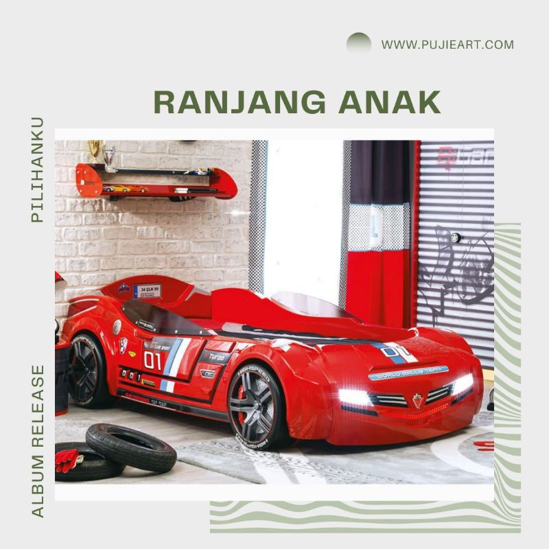 Rangka Tempat Tidur Single Bentuk Mobil, Ranjang Kayu Anak Laki Laki karakter Murah