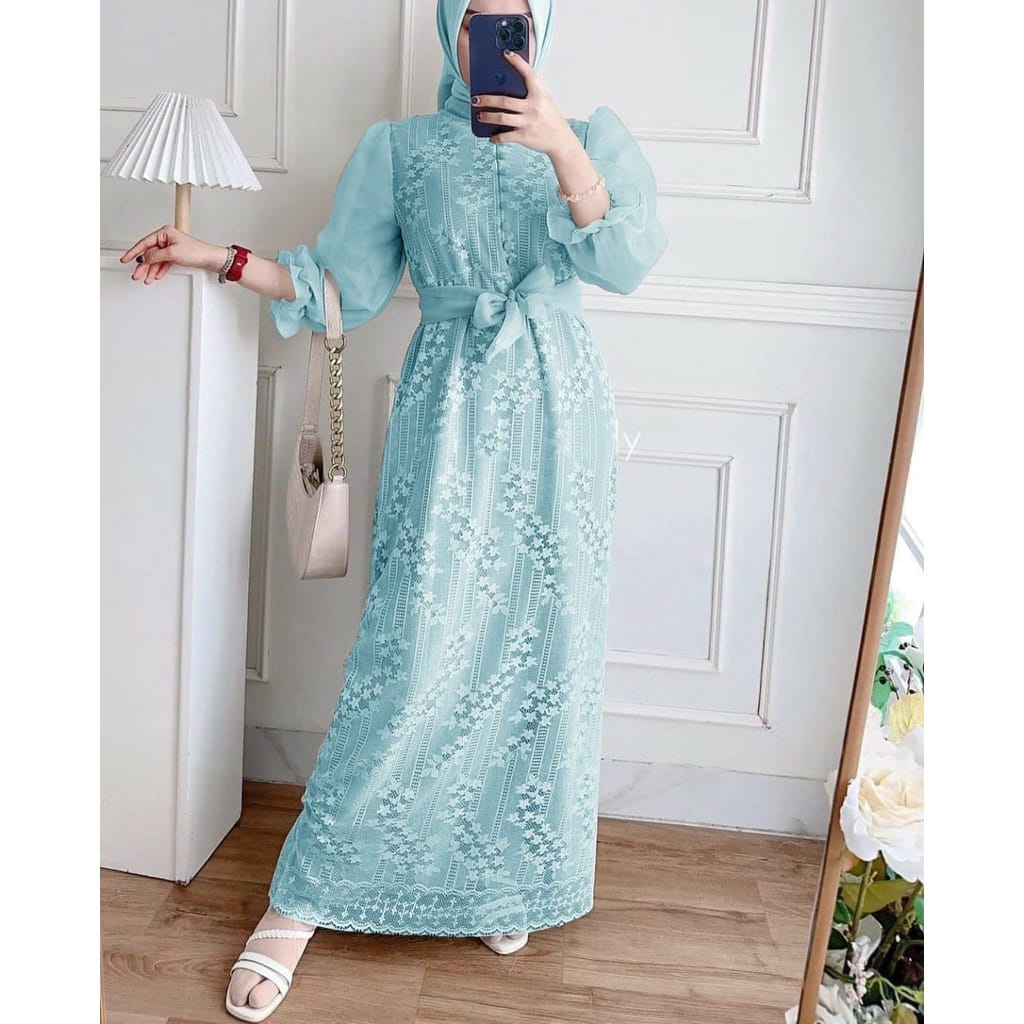 DRESS LUIS FULL BRUKAT MALIKA KOMBI ORGANZA / DRESS LUIS FULL BRUKAT DEPAN BELAKANG MODEL TERBARU / 