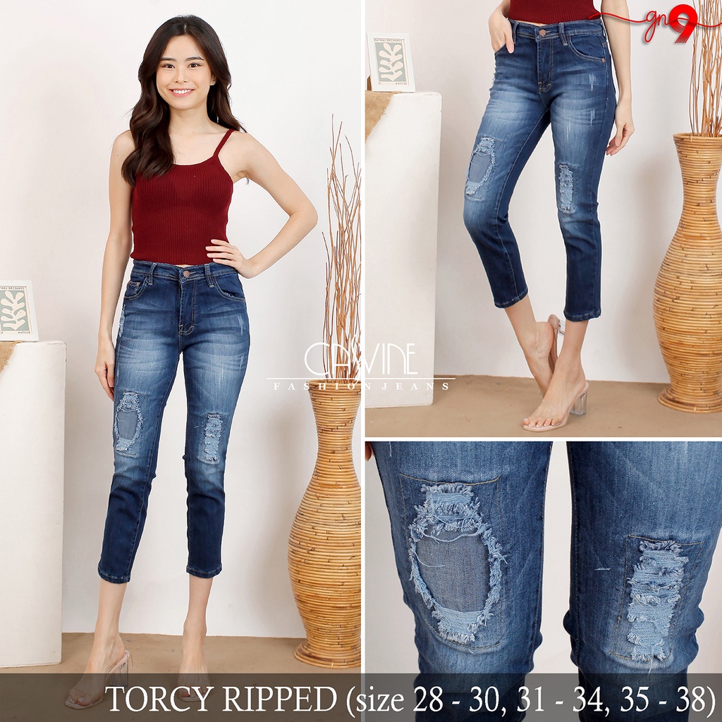 CASVINEJEANS || Celana Jeans Wanita Cewek Torcy Ripped Sobek Patch Bigsize Jumbo Mom Jeans Stretch