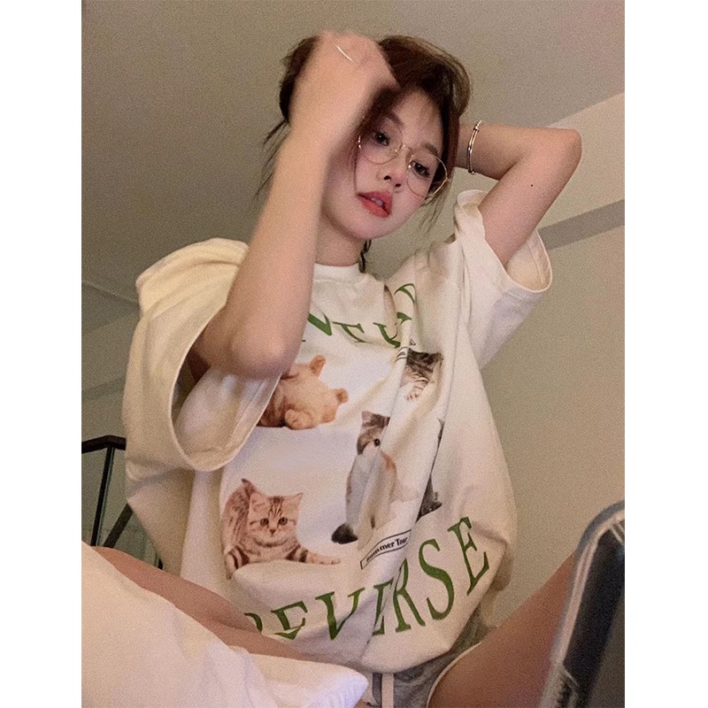 baju atasan wanita kekinian lengan pendek cat print graffiti print T-shirt import korean style kaos cream