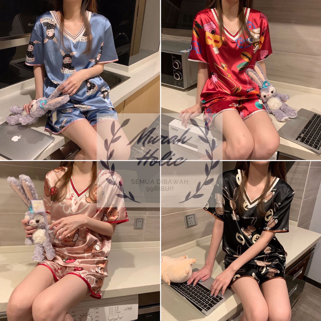 Baju Tidur Wanita Satin Set Atasan V Neck Lengan Pendek Celana Pendek Setelan Perempuan Baju Santai Rumah Impor Cewek Bahan Adem Halus Fashion Korea Import Stelan Dewasa Remaja Motif Karakter Lucu