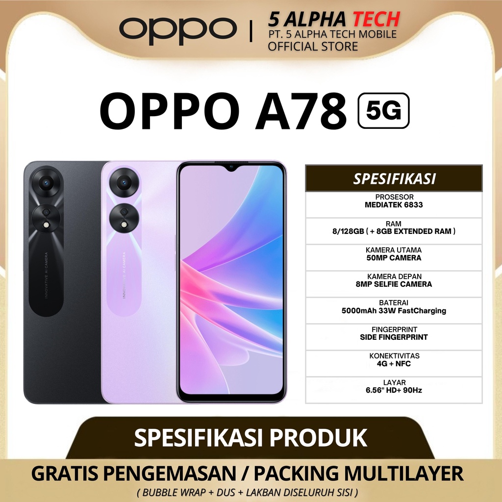 OPPO A78 5G NFC 8/256 8/128GB ( +8GB EXTENDED RAM ) GARANSI RESMI OPPO