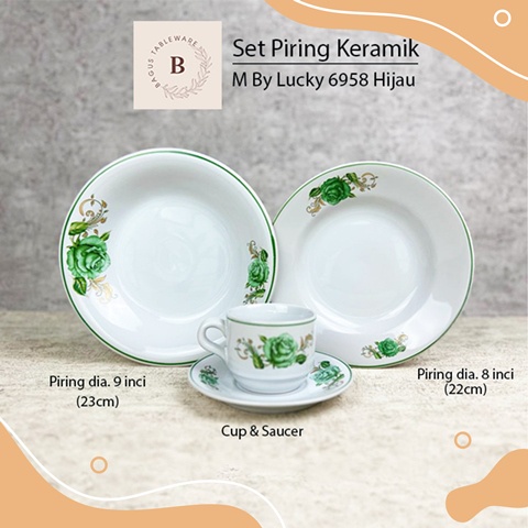 Piring keramik putih bunga hijau MBL 6958