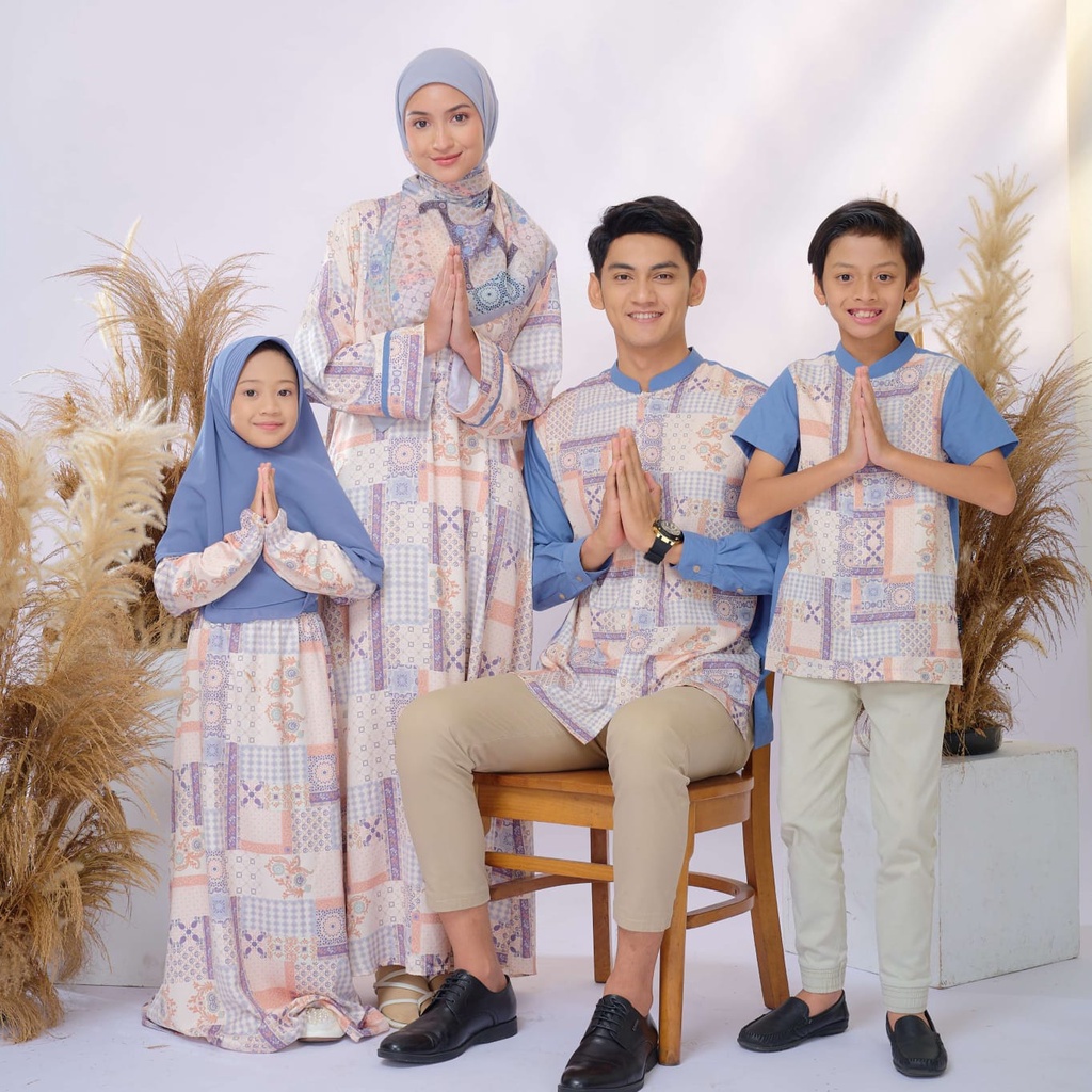 ELZATTA SARIMBIT KELUARGA COUPLE KELUARGA BAJU GAMIS KELUARGA SARIMBIT GRANADA PATCHWORK BIRU ORIGIN