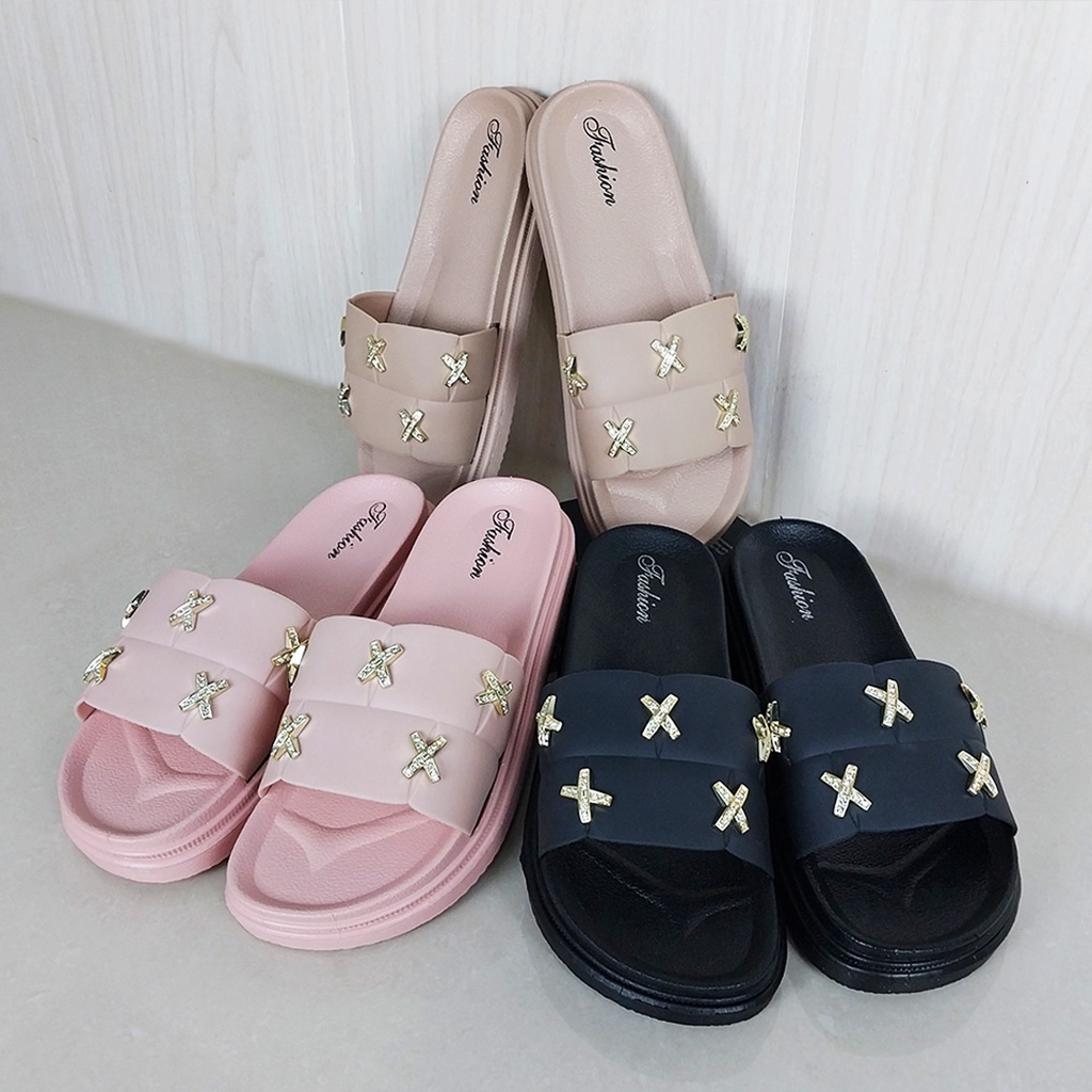 Sandal Slop Flat Sandal Wanita Slip On Fashion Style Cewek Motif Sandal Kasual Nyaman Lentur Empuk PVC Satu7an SPT-48