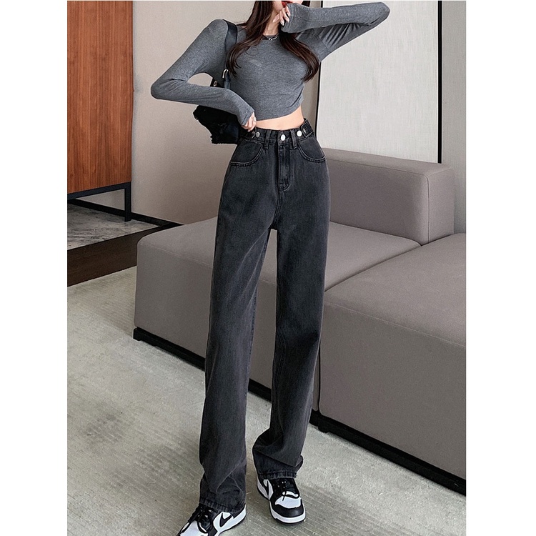 Celana Panjang Denim Hitam Wanita Kekinian Terbaru Boyfriend Jeans Loose High Waist