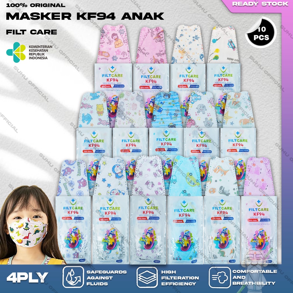 Masker Anak KF94 FILTCARE 4Ply Isi 10Pcs Motif Karakter Kartun Boy Girl KF 94 4 Ply Earloop Surgical Mask