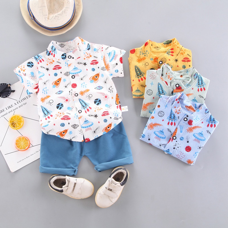 Setelan Kemeja Anak Laki-Laki Baju Anak Cowok Dino UFO Baju Pantai