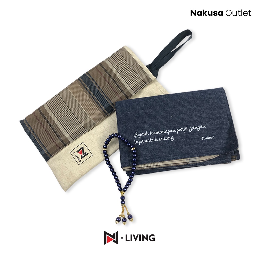 N-LIVING - Sajadah Katun Travel Pouch Linen Praktis Motif Kotak + Free Tasbih Sajadah Travelling Souvenir