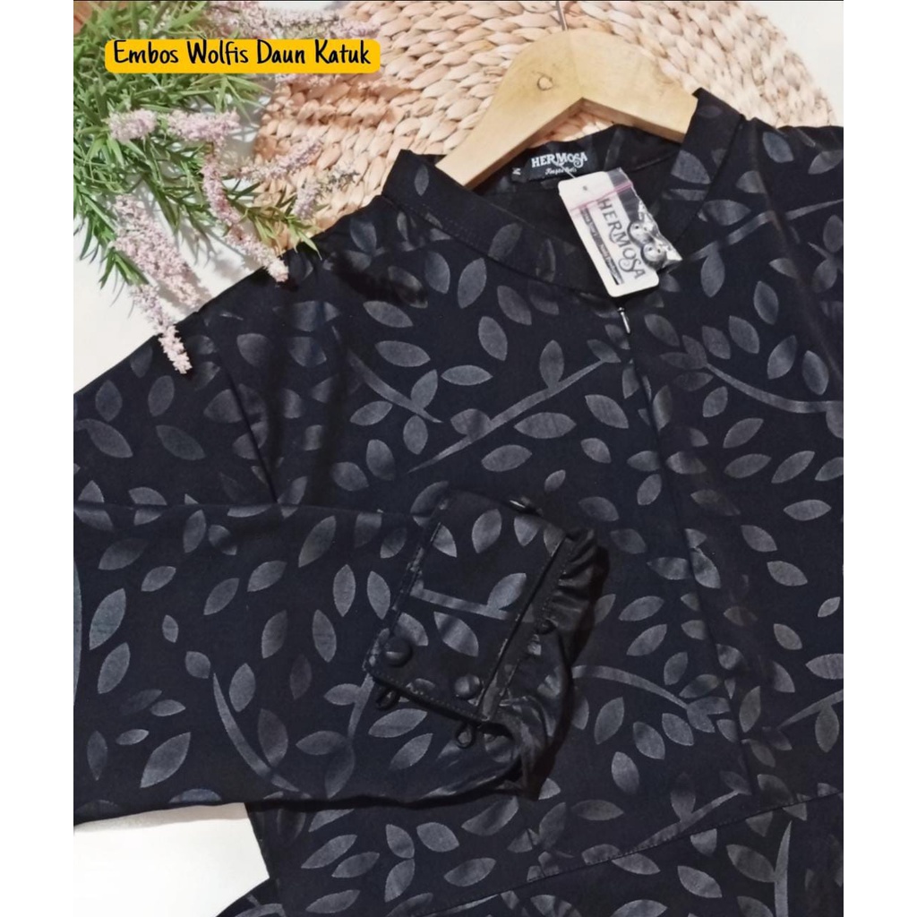(Hermosa) Gamis embos hermosa hitam-gamis hitam syari-Gamis motif katuk hitam hermosa-gamis