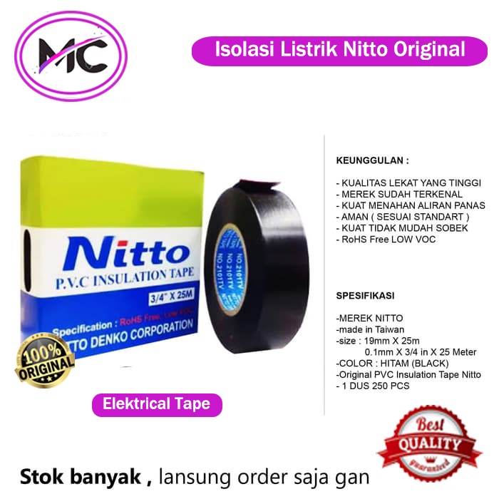 Solasi Listrik Nitto Original - Isolasi Lakban Hitam Sambungan Kabe Listrik Tahan Panas