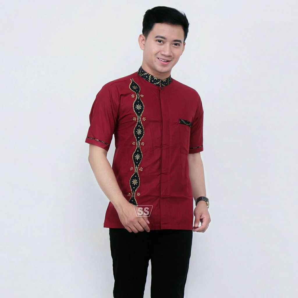 Baju Koko Pria Dewasa Muslim Spesial Warna Merah Marun Maroon Seragam Hadroh Kekinian BATIK VELDANAV