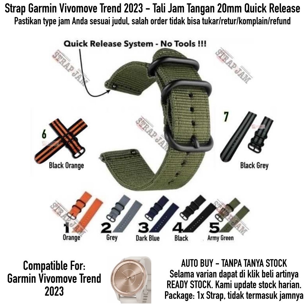 STT 20mm Strap Garmin Vivomove Trend 2023 - Tali Jam Tangan Nilon Stitching Quick Release