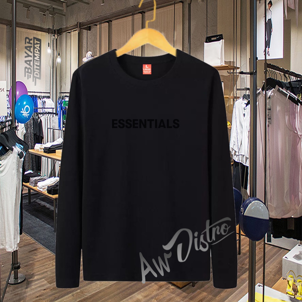 COD Baju Kaos Distro Essentials Text Hitam Premium Quality Lengan Panjang Kaos Tulisan Kaos Kata-Kata Kaos Sablon Big Size