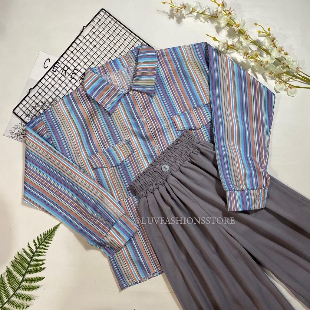 IL - SETELAN WANITA KEMEJA SALUR / ONE SET ATASAN WANITA STRIPE / KULOT 2 KANCING CREPE