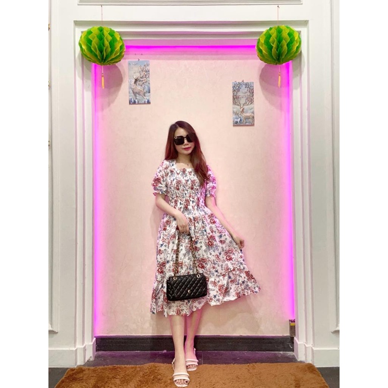 RD FASHION - SMOCKED DRESS / Gaun musim panas kasual baru Lengan pendek smocked dress lipit bunga dengan dasi belakang / gaun kasual A-line gaun smocked berlipat bunga lengan pendek-PUTIH MTF CHUYA