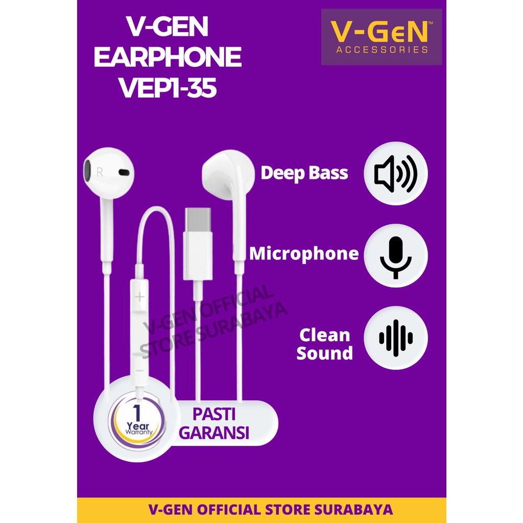 Handsfree V-GeN VEP1-35 Wired Earphone Type C Deep Bass Stereo Sound