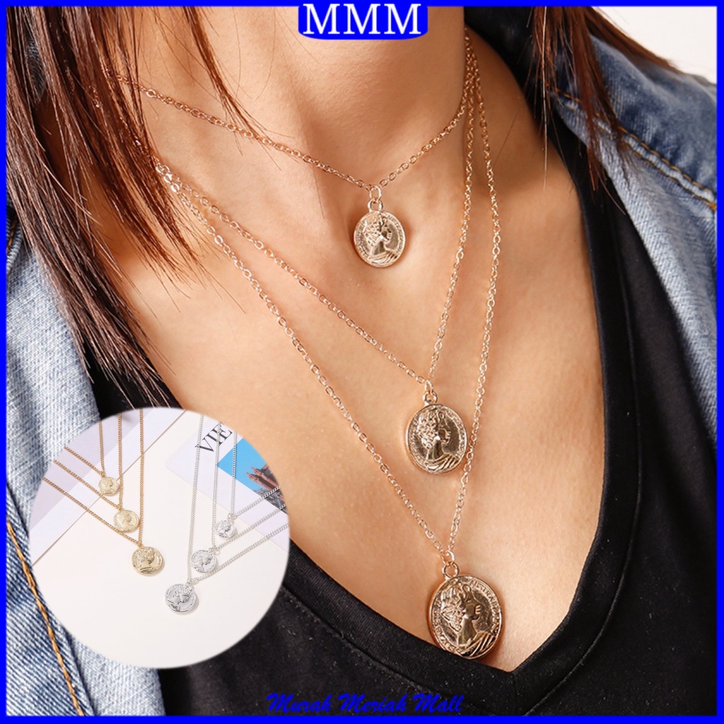 MMM Kalung Rantai Multi Layer 6525 Kalung Liontin Koin Necklace Mode Retro 3 Layer Choker Rantai Bulat Gaya Korea