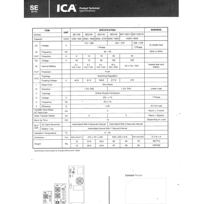 UPS ICA SE-1100 SE1100 1000VA 900WATT ONLINE SINEWAVE UPS GARANSI RESMI