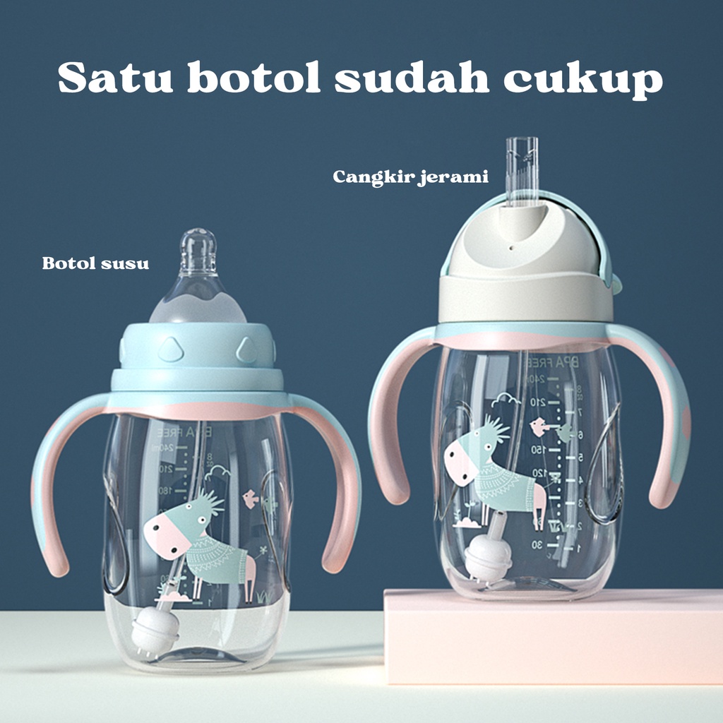 Botol Minum Bayi sedotan Anak Balita kegunaan Botol Susu Bayi Botol Perawatan botol anti tumpah pegangan  Lucu Motif Imut Training bottle 180/240/300ML