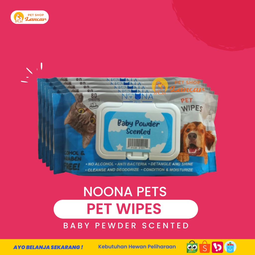 Tisu Basah Hewan Kucing Anjing NOONA Pet Wet Wipes Baby Powder Scented