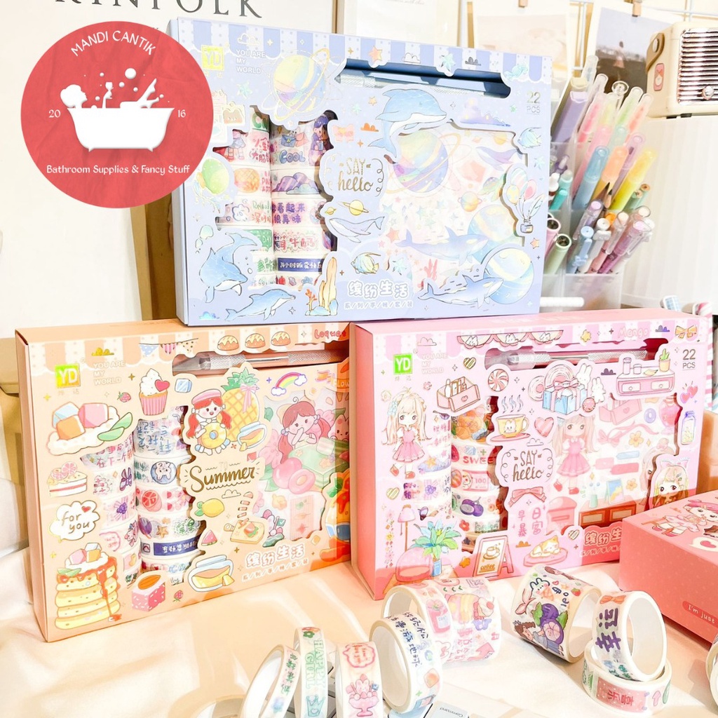 

Paket Stickers dengan washi tape selotip gambar dan pisau YD-SZKD pemotong stiker kado unik waran pastel isi 14 roll buah peach tosca pink biru