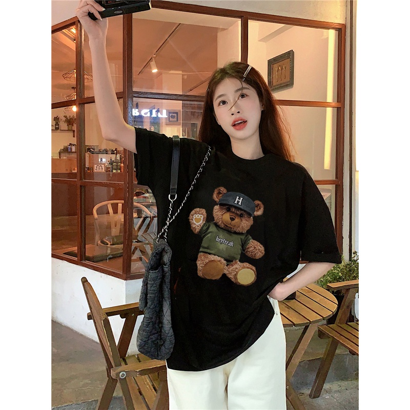 EUNII T-shirt Lengan Pendek Cute Plush Bear Korean Style/Kaos Atasan Wanita/Baju Kaus Oversize Wanita/Kaos Wanita