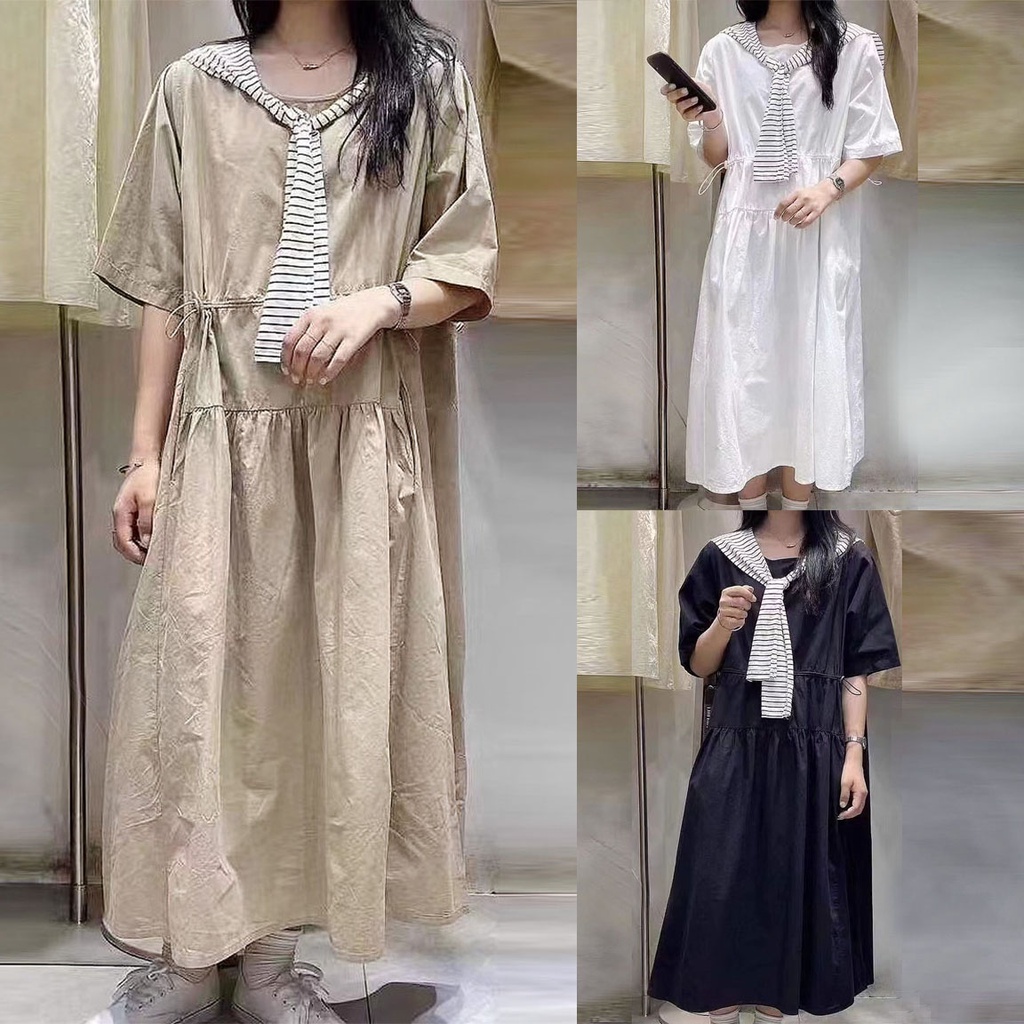 SET DRESS KATUN POPLIN KREM PUTIH HITAM & SYAL STOLE KAOS GARIS KOREA