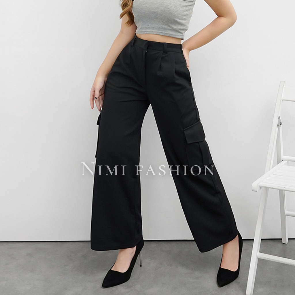 NIMI - Celana Highwaist Loose Cargo Wanita Celana Cullote Cargo Pants Knit Import