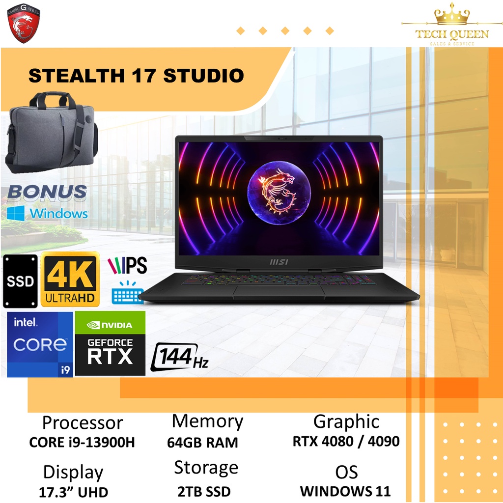 MSI STEALTH 17 STUDIO - RTX4080 12GB I9 13900H 64GB 2TBSSD WINDOWS 11 17.3 INCHI UHD MINILED 144HZ PKRGB