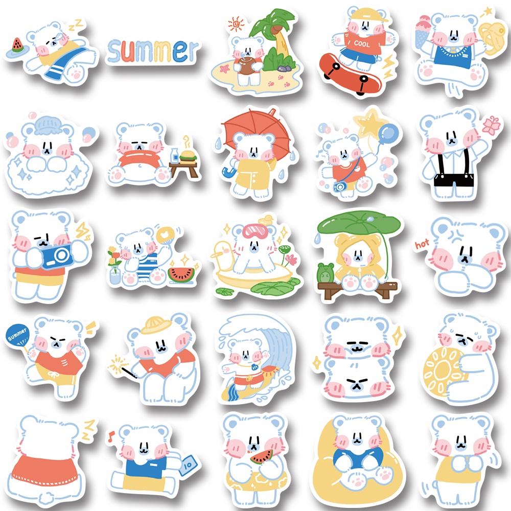 50 Pcs Musim Panas Beruang Putih Lucu Kartun Stiker Laptop Cangkir Air Tahan Air Stiker Hias