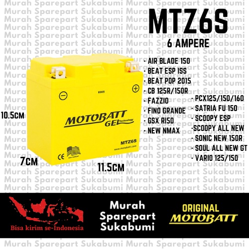 AKI MOTOR MOTOBATT MTZ6S SATRIA FU VARIO 125 AEROX BEAT ESP CB 150R NMAX NEW PCX 125