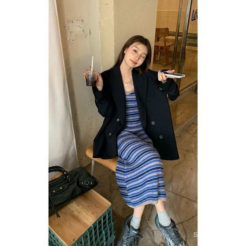 Dress rajut bergaris kontras 2023 new waist and suspender dress