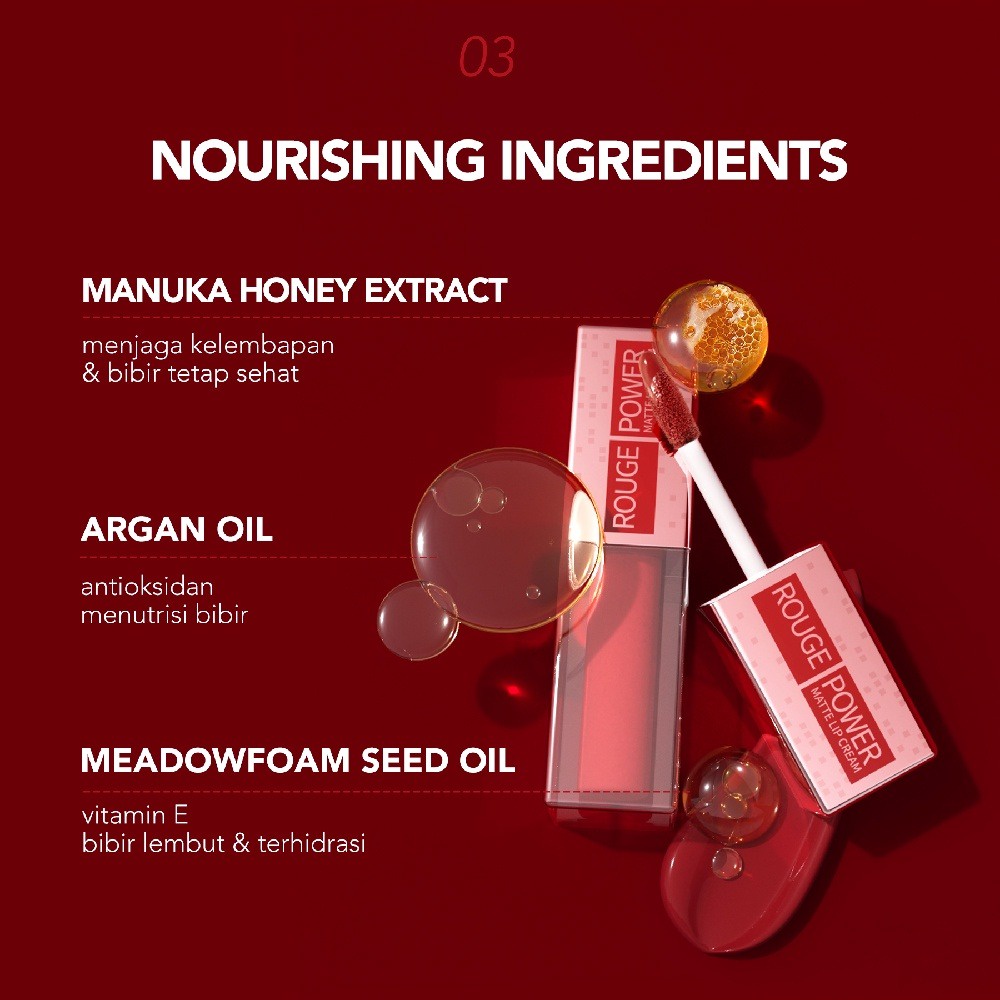 YOU Rouge Power Matte Lip Cream Matte Finish Waterproof dan Tahan Lama | Nourishing with Manuka Honey