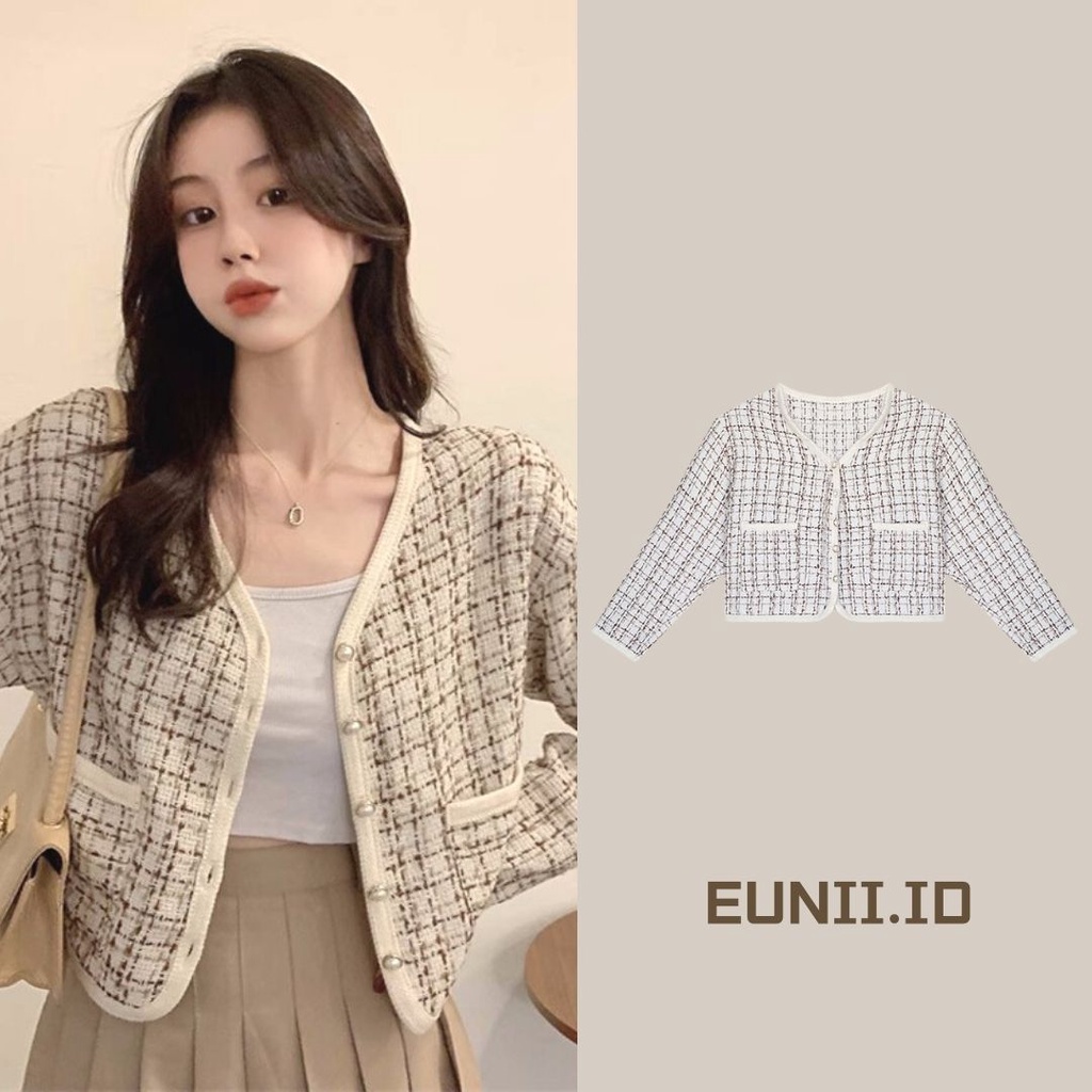 EUNII Korean Style Jaket Wanita Terbaru Lengan Panjang V-neck Jacket Outer Crop