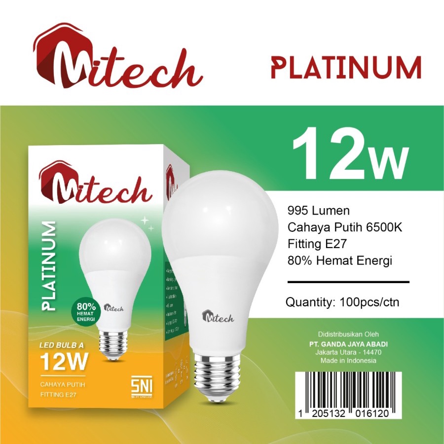 Lampu Bohlam Led Bulb MITECH PLATINUM Putih 6500K 5w 7w 9w 12w 15w 18w 21w SNI