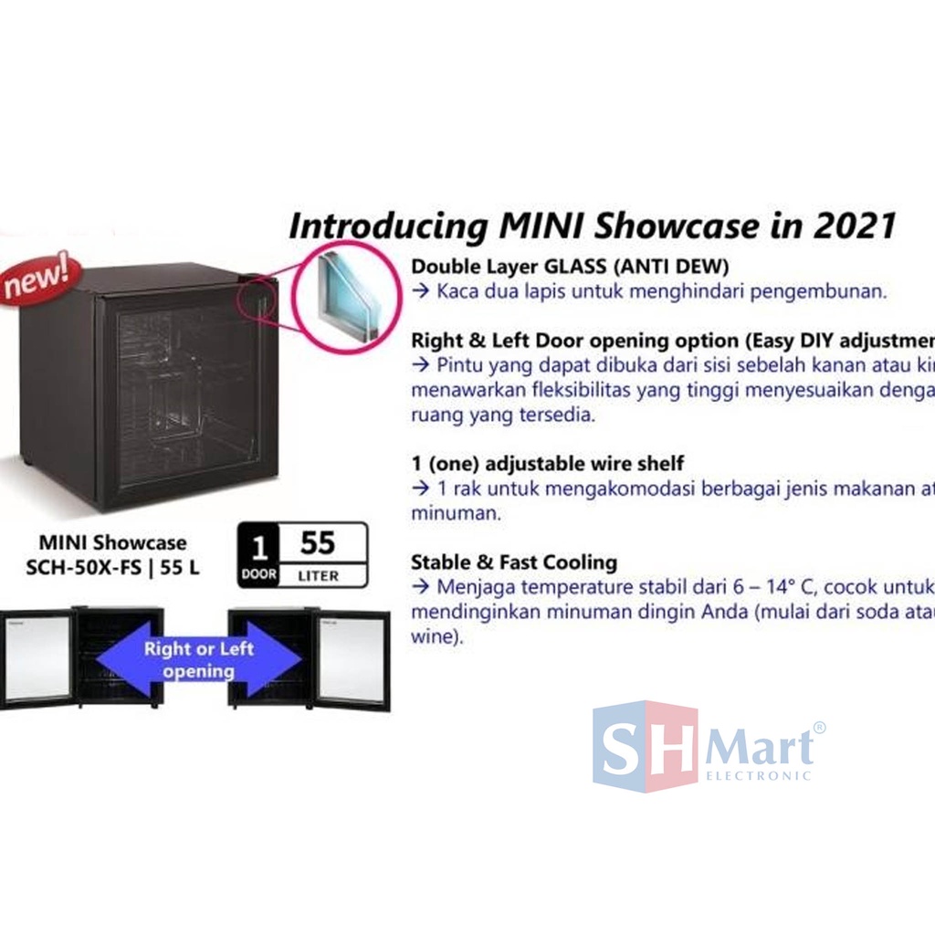SHOWCASE MINI SHARP KAPASITAS 55 LITER SCH50XFS / SCH-50X-FS DISPLAY COOLER GARANSI RESMI
